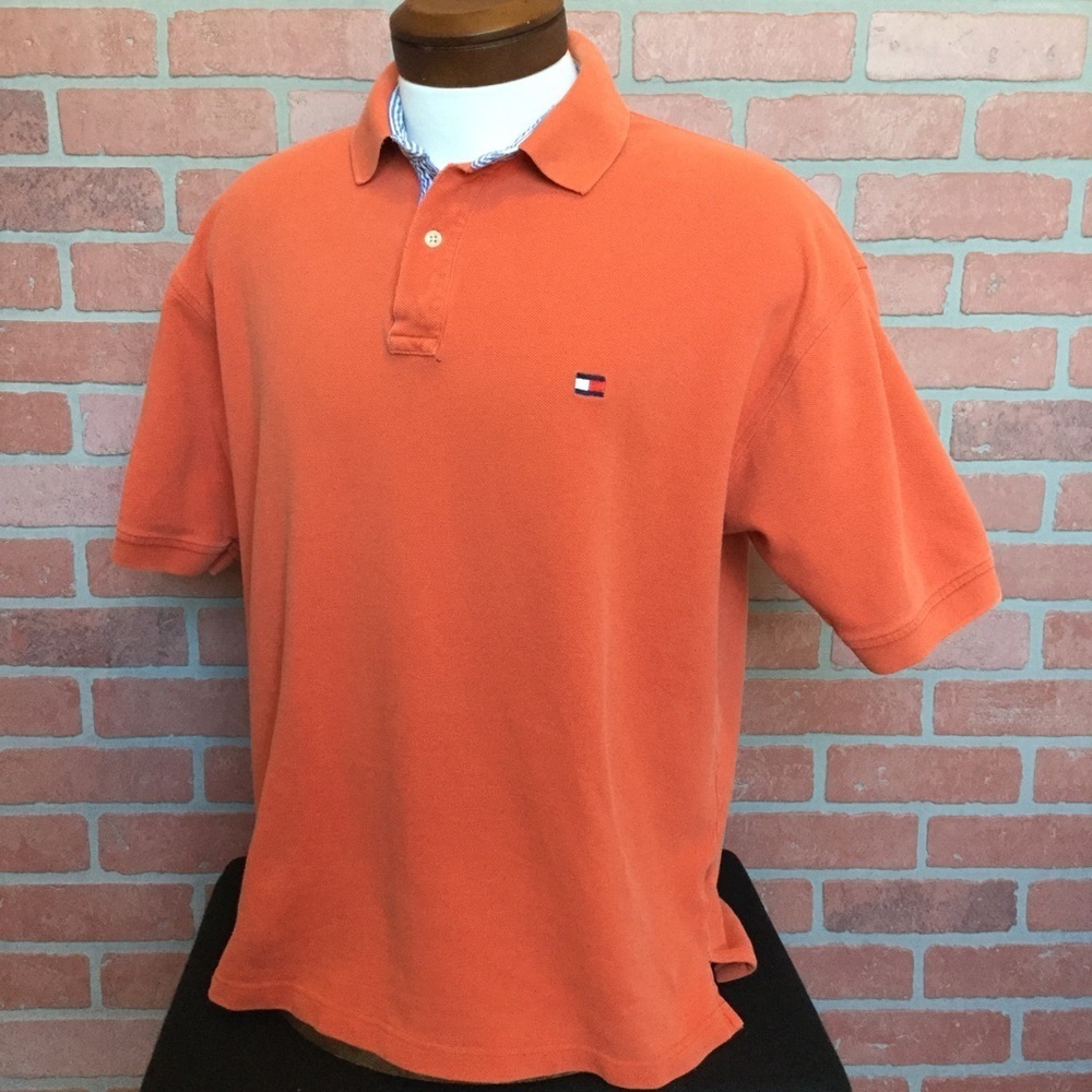 Mens Tommy Hilfiger Polo Shirt SIze L Orange Short Sleeve Preppy Flag Tag